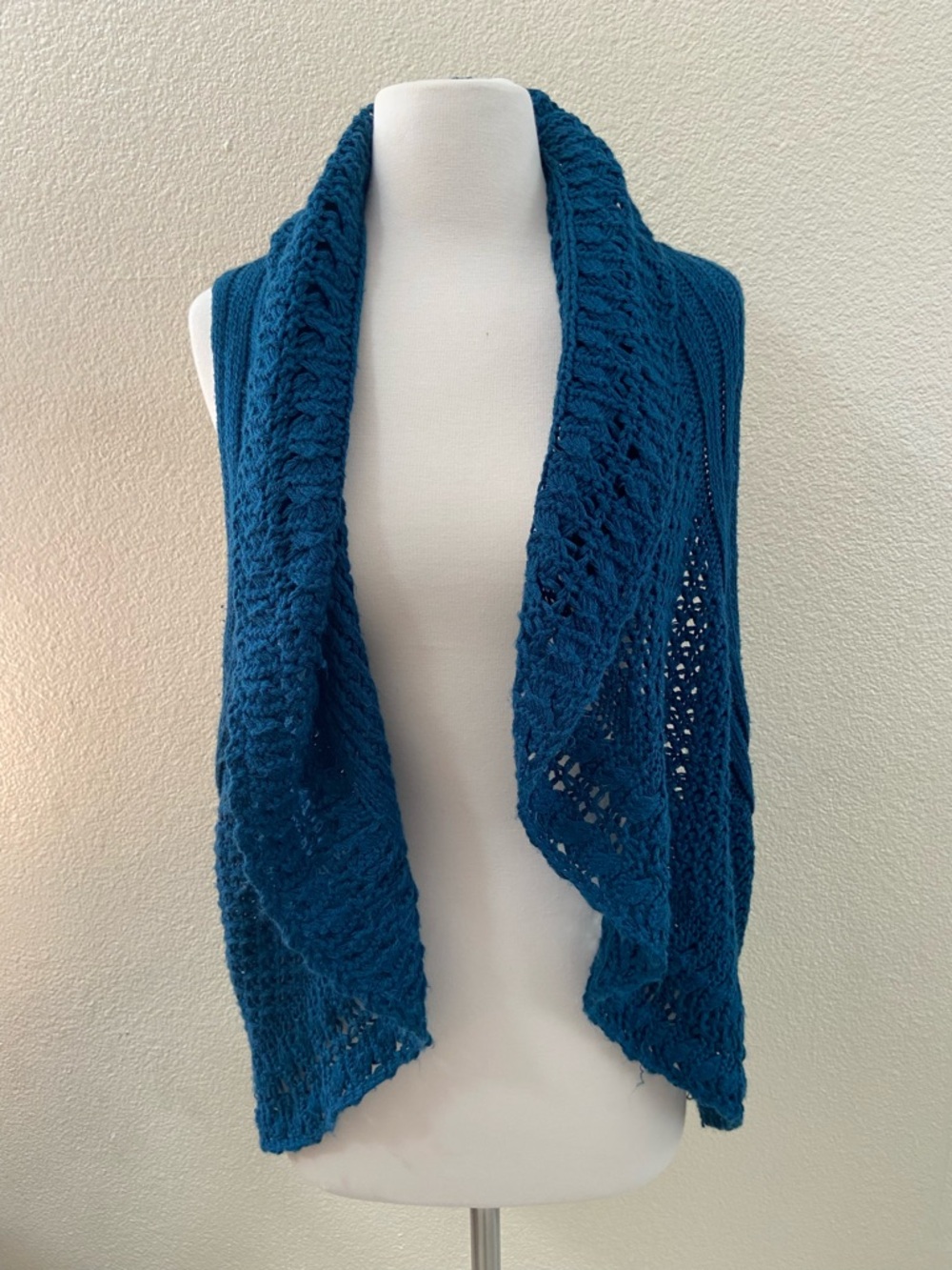 GNW sleeveless cardigan turquoise blue, Open-Front Crochet Knit Vest size:L - Picture 3 of 11